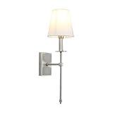 PERMO Single Classic Rustic Industrial Wall Sconce Lighting Fixture with Flared White Textile Lamp Shade and Brushed Nickel Tapered Column Stand,Hardwired,E26