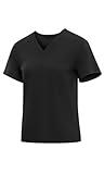 Women's V-Neck Scrub Tops - Stretchy Nursing Uniform Top with Pockets, Wrinkle Resistant & Breathable, Machine Washable (Black - L)