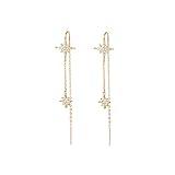 SLUYNZ Sterling Silver CZ Star Dangle Earrings for Women Teen Girls Long Dangle Earrings Threader Tassel (B-Gold)