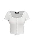 CIDER Cute Top for Women Trendy 100% Cotton Pointelle Floral Short Sleeve Top Scoop Neck Lettuce Trim White