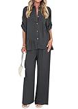 KIRUNDO Two Piece Sets for Women Summer Outfits 2025 Dressy Casual Half Sleeve Button Down Shirt Wide Leg Pants Lounge Set(Dark Grey, Large)