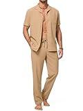 Dokotoo Men's Khaki Large Casual Linen 2 Piece Outfit Set Cotton Beach Pant Guayabera Shirts Solid Men's Vacation Outfit Summer Short Sleeve Sets for Men Beach Outfit