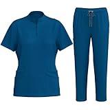 YRAETENM Scrubs for Women Set Medical Scrub Tops and Drawstring Pants Soft Nursing Uniform Scrubs Set Solid Stretch Workwear