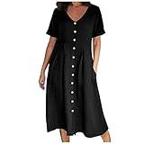 Early Day Prime Sales Women's Summer Casual V-Neck Button Down Shirt Dress Solid Short Sleeve Cotton Linen Dress Plus Size Maxi Dress Vacation Dresses for Women Black 4X