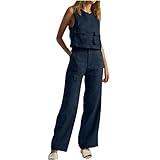 Generic Most Loved Gifts Womens 2 Piece Outfits Casual V Neck Sleeveless Pocket Tank Top Wide Leg Pants Loose Summer Going out Linen Lounge Set Trajes De 2 Piezas, 4X-Large, A01_navy