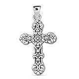 SHOP LC 925 Sterling Silver Cross Pendant Oxidized Swirling - Silver Cross Necklaces for Women Religious Jewelry Catholic Faith Christian Birthday Gifts