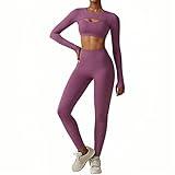 Women's 3-Piece Workout Set, Long Sleeve Crop Top, Sports Bra and High Waist Leggings, Fitness Suit (Purple(LONG-SLEEVED+ BRA+TROUSERS), M)