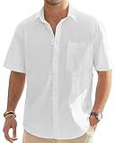 J.VER Men's Short Sleeve Linen Cotton Shirts Casual Button Down Shirt Summer Beach Tops with Pocket White Large