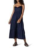 Amazon Essentials Women's Fit and Flare Empire Waisted Cotton Sateen Tiered Maxi Dress, Navy, Large