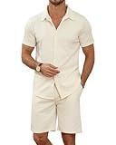 MLANM Men's 2 Piece Outfit Summer Short Sleeve Button Down Shirts and Shorts Sets with Pockets L-Beige