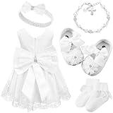 Bunnycool 5 Pcs Baby Girl Baptism Outfit Includes Lace Christening Dresses Bowknot Headwear Cross Charm Bracelet Socks Shoes(6-12 Month)