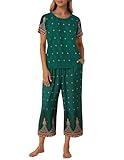Ekouaer Women's Two Piece Lounge Set Short Sleeve Shirt and Capri Pants Mumu Pajama with Pockets Loungewear Pjs Sets