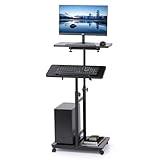 Hovadova Mobile Laptop Stand Desk, Standing or Sitting Rolling Computer Cart with Tower Stand, Adjustable Height 27.5" to 47.2" Portable Laptop Table Home Office Computer Workstation, Locking Wheels
