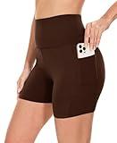 HIGHDAYS 5” Biker Shorts for Women with Pockets-High Waist Tummy Control Spandex Workout Yoga Running Gym Activewear, Pockets,Coffee, Plus Size
