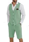 Tiefony Men's Linen 2 Piece Suit Slim Fit Wedding Groom Groomsmen Summer Vest Shorts Set Light Green XXL
