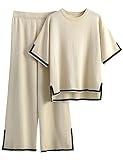 Tanming Sweater Sets Women 2 Piece Lounge Sets Short Sleeve Knit Pullover Tops Wide Leg Pants (Apricot-L)