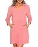 Pinup Fashion Womens Terry Cloth Swimsuit Cover Up Pink Swimwear Coverup Hooded Beach Sun Cover-Ups Dress