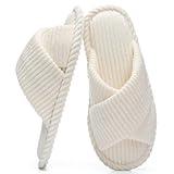 GOEWY House Slippers for Women Fuzzy Womens Slippers Indoor Outdoor Open Toe With Cross Band Corduroy Memory Foam Warm Gifts for Woman Size 7 8 Beige