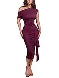CurvySweet Women's One Shoulder Ruched Elegant Formal Evening Bodycon Midi Sheath Dress with Ruffle Hem Burgundy