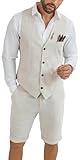 HUEZOE Mens Linen Suit 2 Piece Short Suits for Men Casual Summer Beach Groom Wedding Suit Linen Beige Vest Shorts Set Large