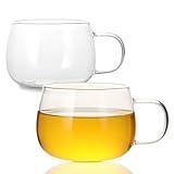 GURUDAR Glass Tea Cups Set of 2, Clear Borosilicate Glass Teacups with Handle for Tealover, Dishwasher & Microwave Safe Large Coffee Mugs for Espresso Cappuccino Latte Juice, 12OZ/360ML
