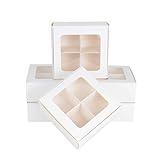 GRETEL BAKING Treat boxes with window and dividers | 4 MEDIUM compartments | 6 x 6 x 2.4 in | Valentine treat boxes, baked goods packaging, box for cookies, pastry packaging | 24-pack (White)