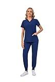 Naivlizer Scrub Set for Women V-Neck Scrub Top & Jogger Pants Medical Uniform Suits with 9 Pockets