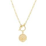 Aobei Pearl Moon and Star Medallion Pendant Necklace 18k Gold Oval Link Chain Choker Large Celestial Charm Layering Jewelry 20’’