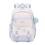 GRUOTEIS Light Blue Backpack for Girls, School Bags Bookbag for Teen Girls, Girls Backpack for School with Star Pins and Furry Pendant, A08-Blue