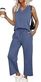 WIHOLL 2 Piece Sets for Women Summer Outfits 2025 Spring Break Essentials Clothing Tank Tops Festival Teacher Business Cruise Wide Leg Crop Pants Blue M