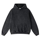 FAIABLE Mens Hoodies Oversized Unisex Acid Wash Hoodie Heavyweight Fleece Vintage Washed Distress Cotton Sweatshirt Men Women Couples Streetwear College Casual Fall Winter Autumn 2025 Black