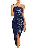GRACE KARIN Women Sleeveless One Shoulder Sequin Dress Sparkly Glitter Wrap Dress Cocktail Party Wedding Maxi Dresses with Slit Dark Blue S