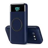 Wireless Portable Charger 40800mAh with 3 Built-in Cables,7-in-1 15W Wireless Charging Power Bank,25W PD QC 4.0 Fast Charging USB C LCD Display Battery Pack for iPhone 16/15/13,Samsung,Android-Blue