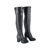 Dream Apparel Women's Faux Leather Over The Knee Thigh High Boots, Black Lace Up Knee High Boots With Chunky Heel, Sexy Biker Boots with Buckle (Size 7)