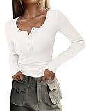 PRETTYGARDEN Women's 2025 Spring Fall Long Sleeve Henley T Shirts Button Ribbed Knit Slim Fit Casual Basic Tops Blouse (White,Medium)