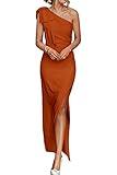 PRETTYGARDEN Women's Summer One Shoulder Long Formal Dresses Sleeveless Ruched Bodycon Wedding Guest Slit Maxi Dress (Brown,Medium)