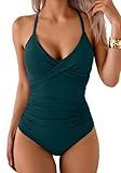 B2prity Women's One Piece Swimsuits Tummy Control Front Cross Bathing Suits Tie Back Slimming V Neck Swimwear(Green)