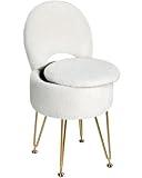 GREENSTELL Small Vanity Stool Chair with Storage and Folding Back, 13" x 13" x 17.7" Faux Fur Soft Ottoman for Teenager, 4 Metal Legs with Anti-Slip Feet, Furry Padded Seat for Makeup, Bedroom, White