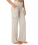 Casei Yoga Pants with Pockets for Women Wide Leg Cargo Pants High Waist Crossover Stretch Work Travel Casual Sweatpants,Khaki(L)