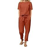 daily deals of the day prime today only 2 Piece Outfits for Women Summer Cotton Linen Casual Matching Set Short Sleeve T Shirts and Capri Pants with Pockets curvy women outfits Red XL