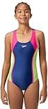 Speedo Girls Racerback Sport Splice One Piece Swimsuit (US, Alpha, X-Large, Regular, Navy/Yellow Mesh)