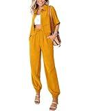 BTFBM Women's 2025 Summer 2 Piece Outfits Tracksuit Short Sleeve Cropped Button Down Shirt Long Pant Lounge Matching Set(Turmeric, Medium)