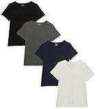 Amazon Essentials Women's Regular-Fit Short-Sleeve V-Neck T-Shirt, Pack of 4, White/Charcoal Heather/Navy, Large