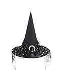 Century Star Witch Hats for Women Wizard Hat with Veil Adult Halloween Hats for Party Cosplay Decorations A Black M