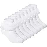 Haysandy 8 Pairs Toddler Girls Dress Socks Baby Ruffle Socks Cute Frilly Lace anklets Cotton for women(Medium,White)