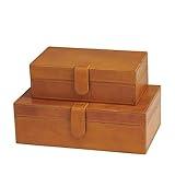 Deco 79 Leather Handmade Decorative Box Storage Decorative Keepsake Boxes with Snap Front Closure and Detailed Stitching, Set of 2 Storage Boxes 10", 8" W, Brown