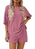 KIRUNDO 2 Piece Sets for Women Summer Lounge Sets Casual Oversized Tshirts Shorts Matching Airport Travel Outfit Postpartum(Pink, Small)
