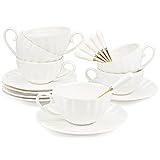 Yesland Set of 6 Royal Tea Cups and Saucers, 8 oz White Porcelain Tea Set & British Coffee Cups, White Latte Cups and Espresso Mug for Specialty Coffee Drinks, Latte, Cafe Mocha, Tea