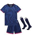 Hiheart Boys Soccer Set Football Team T-shirt and Shorts with Socks Navy 7-8
