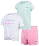 New Balance Girls Short Set - 3 Piece Short Sleeve Athletic Graphic Tee and Fleece Active Shorts for Girls (Sizes: 7-12), Size 10/12, Pink Surf